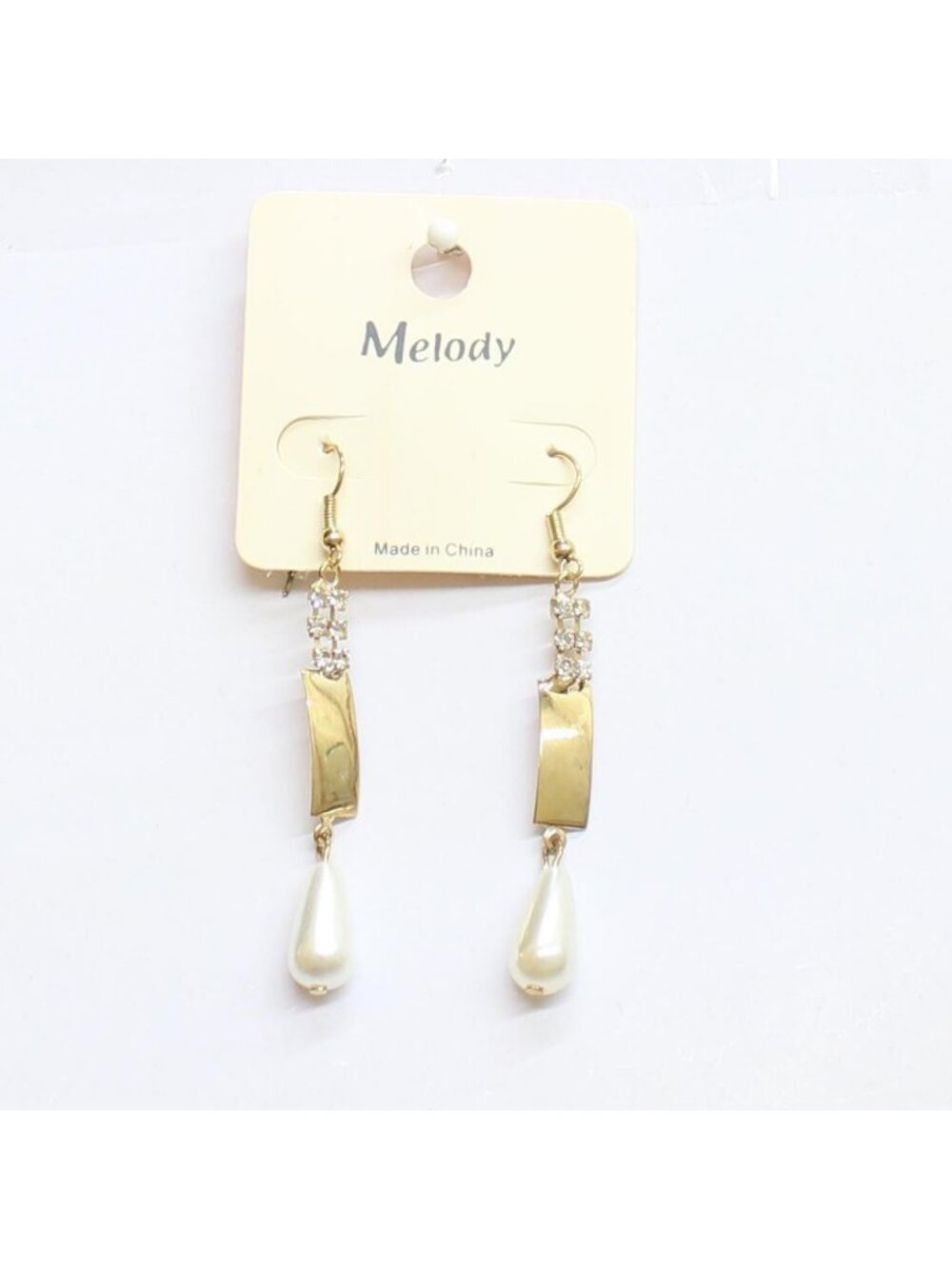 NWT Melody Fashion Dangly Rhinestone Faux Pearl Drop Earrings Gold Yellow 2.75"